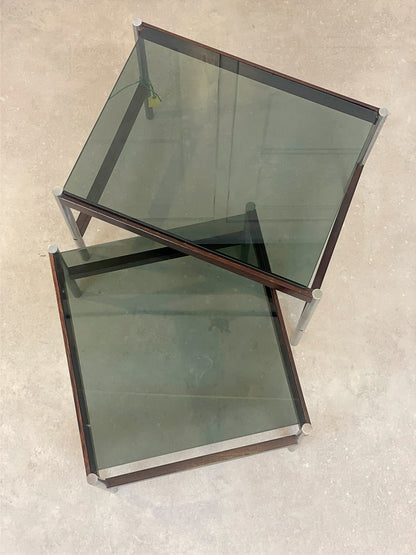 Thereca Bijzettafels – Chroom en palissanderhout met rookglas (Set van 2)