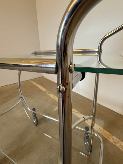 Vintage serveerwagen in Art Deco stijl – chroom en glas