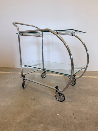 Vintage serveerwagen in Art Deco stijl – chroom en glas