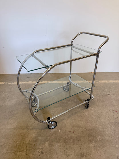 Vintage serveerwagen in Art Deco stijl – chroom en glas