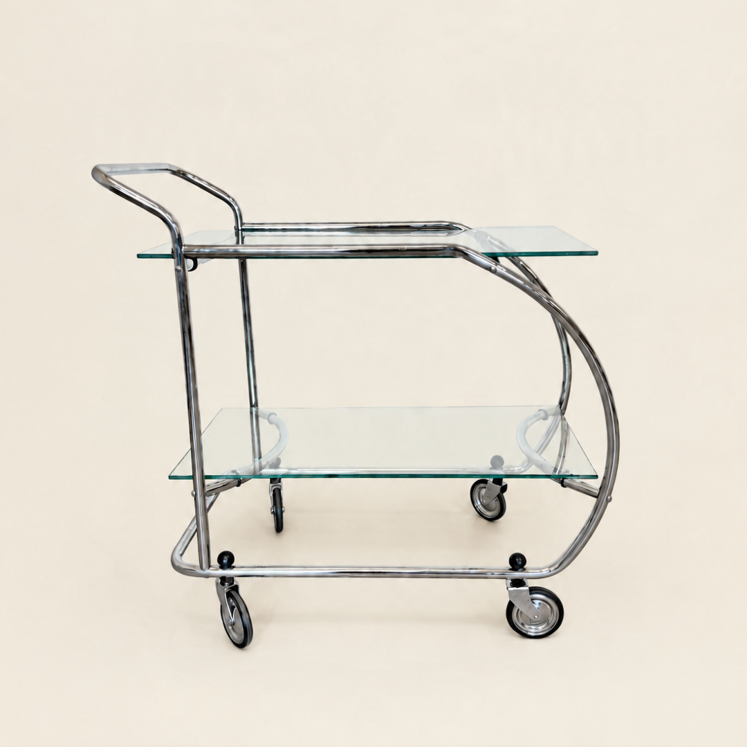 Vintage serveerwagen in Art Deco stijl – chroom en glas