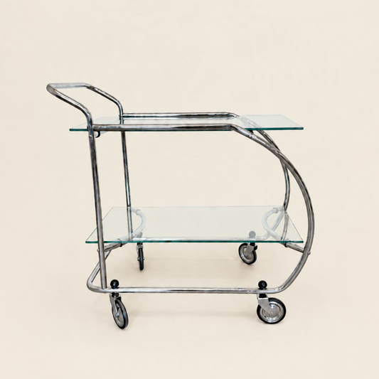 Vintage serveerwagen in Art Deco stijl – chroom en glas