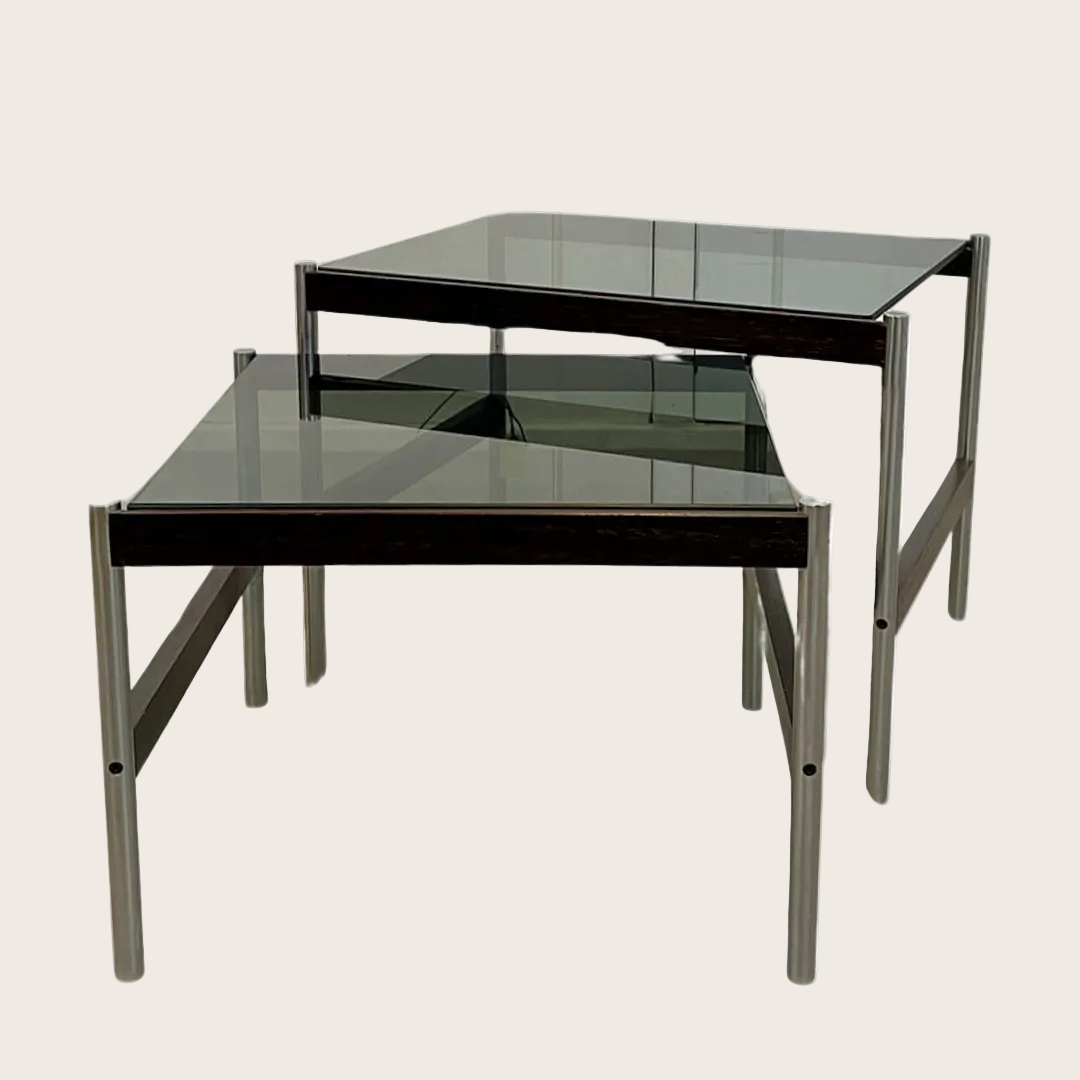 Thereca Bijzettafels – Chroom en palissanderhout met rookglas (Set van 2)