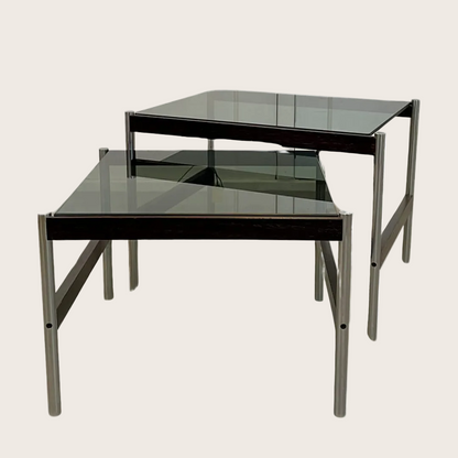 Thereca Bijzettafels – Chroom en palissanderhout met rookglas (Set van 2)