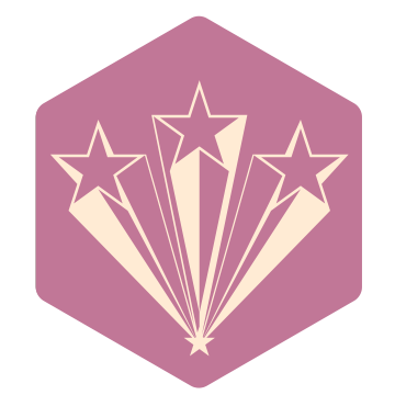 Drie stralende sterren op een hexagonale achtergrond in roze kleur.